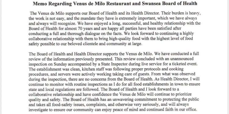 Venus De Milo Restaurant Passes Unannounced Inspection 1 Venus De Milo Restaurant Passes Unannounced Inspection