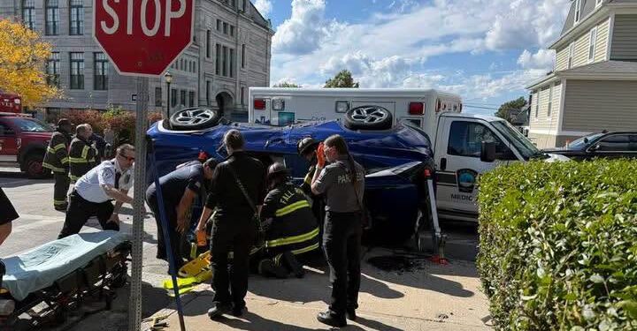 Three Injured, Vehicle Overturned in Crash Involving Fall River EMS Truck 1 Rollover EMS