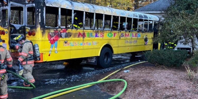 Mobile Gymnastics Bus Catches Fire,Destroys Vehicle and Damages Building in Hopkinton 1 busfire